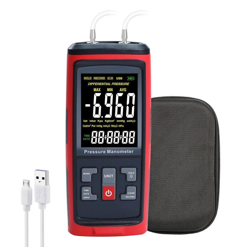 DANOPLUS Manometer Data Logger Digital Manometer Gas Pressure Tester with ±200 inH2O Measuring Range, Differential Pressure Gauge 13 Selectable Units Manometer HVAC with Large LCD Screen - Image 1